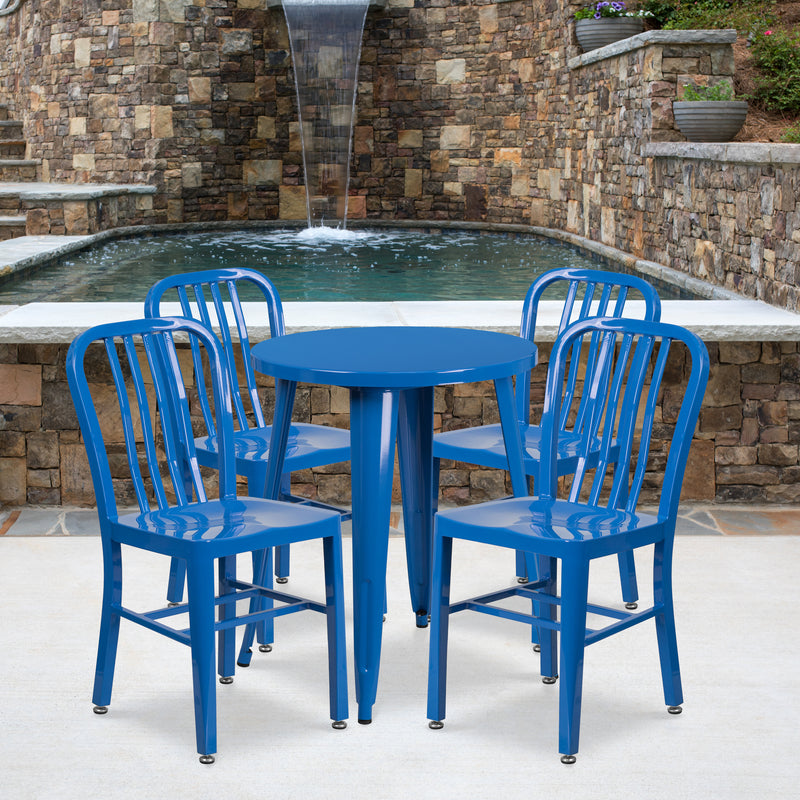 Commercial Grade 24" Round Blue Metal Indoor-Outdoor Table Set with 4 Vertical Slat Back Chairs