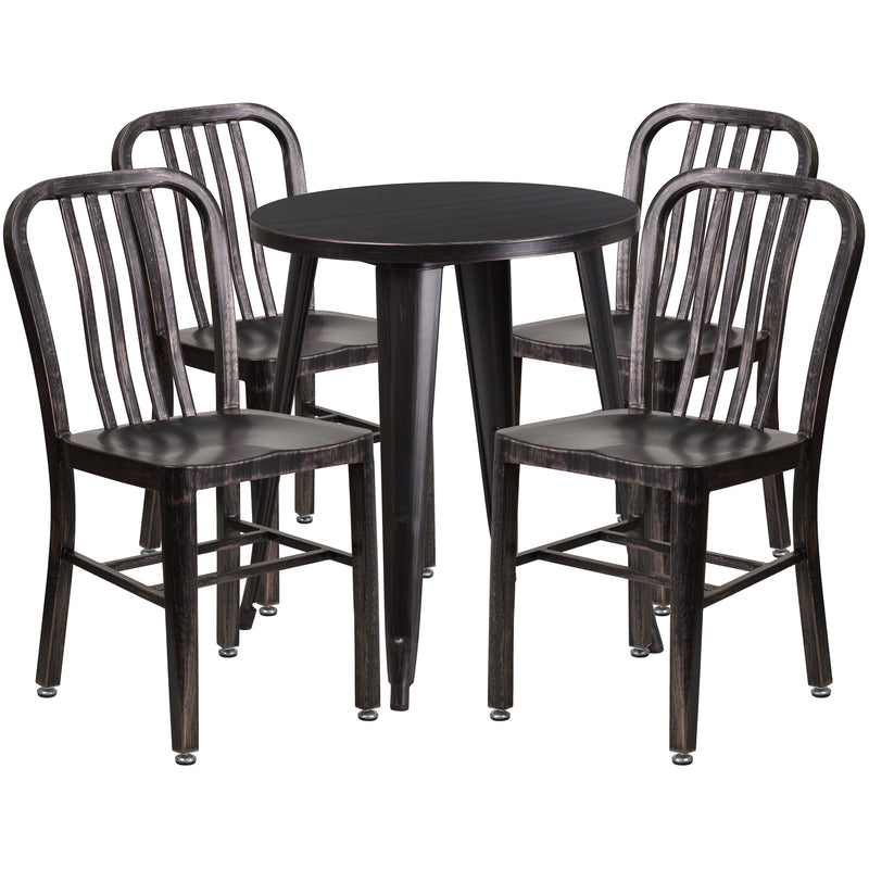 Commercial Grade 24" Round Black-Antique Gold Metal Indoor-Outdoor Table Set with 4 Vertical Slat Back Chairs