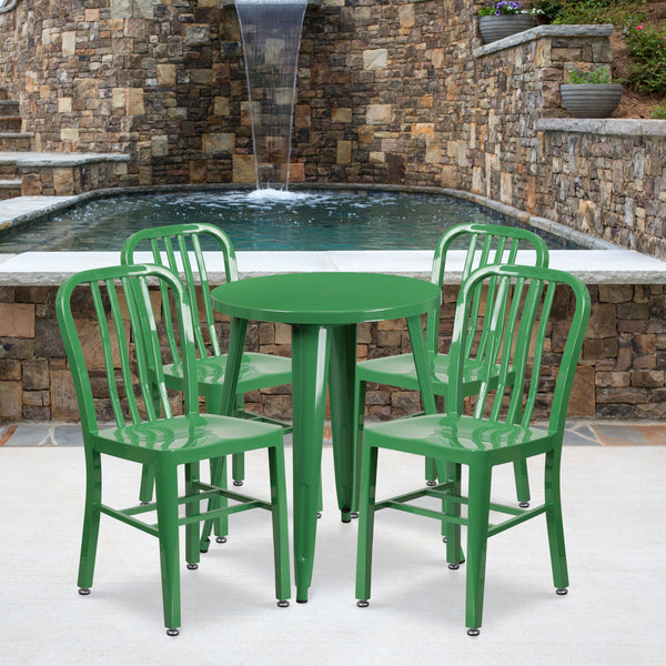 Commercial Grade 24" Round Green Metal Indoor-Outdoor Table Set with 4 Vertical Slat Back Chairs