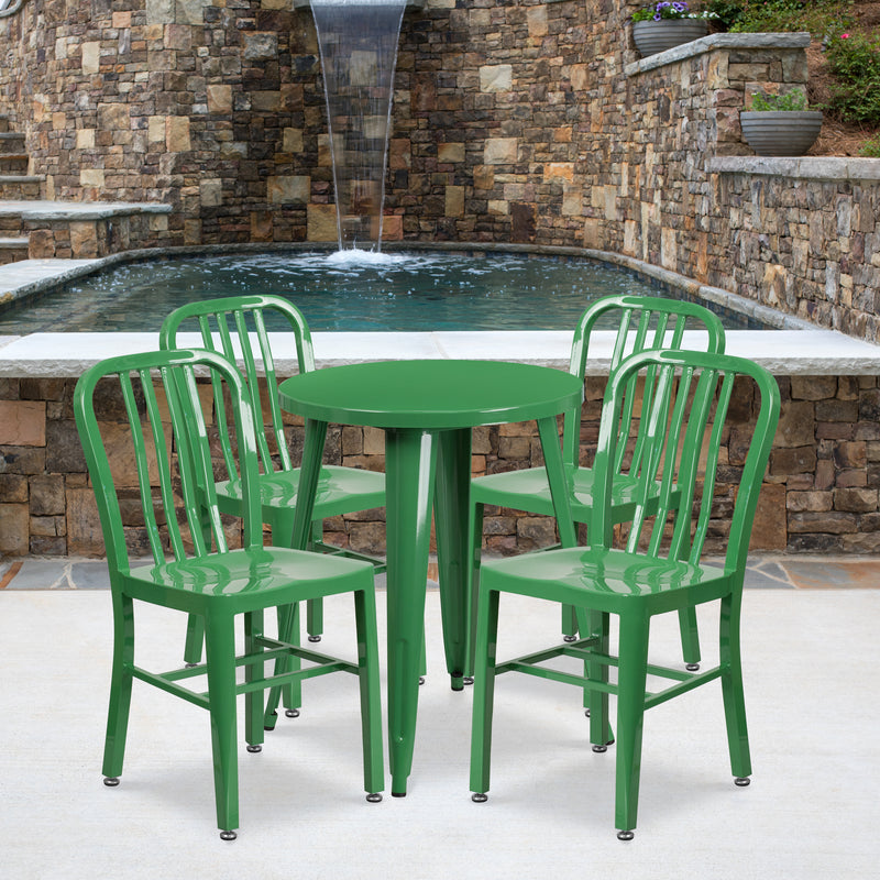 Commercial Grade 24" Round Green Metal Indoor-Outdoor Table Set with 4 Vertical Slat Back Chairs