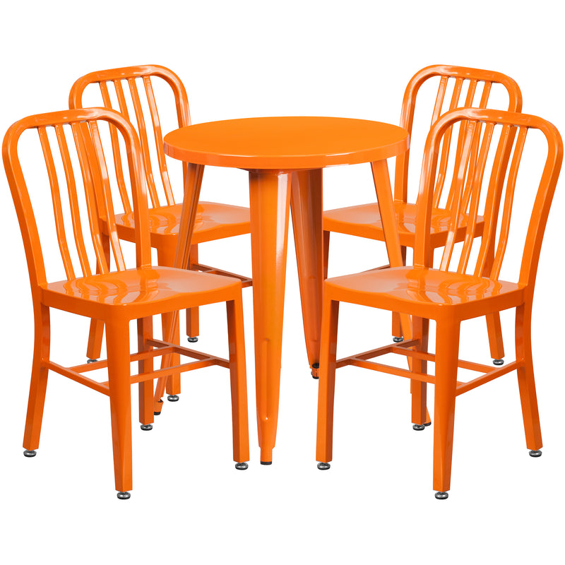 Commercial Grade 24" Round Orange Metal Indoor-Outdoor Table Set with 4 Vertical Slat Back Chairs