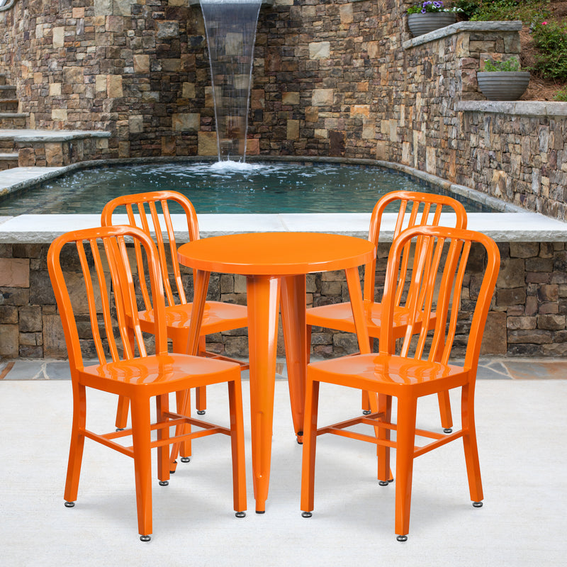 Commercial Grade 24" Round Orange Metal Indoor-Outdoor Table Set with 4 Vertical Slat Back Chairs