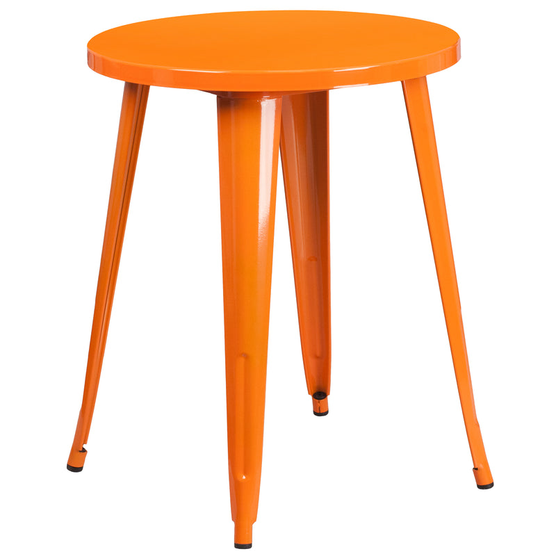 Commercial Grade 24" Round Orange Metal Indoor-Outdoor Table Set with 4 Vertical Slat Back Chairs