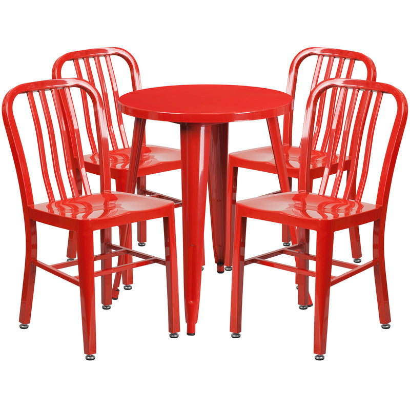 Commercial Grade 24" Round Red Metal Indoor-Outdoor Table Set with 4 Vertical Slat Back Chairs