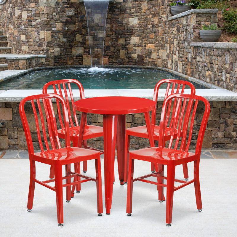 Commercial Grade 24" Round Red Metal Indoor-Outdoor Table Set with 4 Vertical Slat Back Chairs