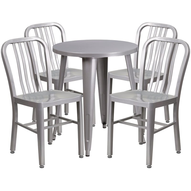 Commercial Grade 24" Round Silver Metal Indoor-Outdoor Table Set with 4 Vertical Slat Back Chairs