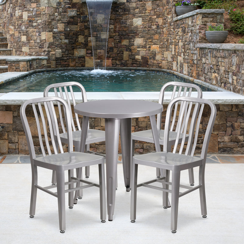 Commercial Grade 24" Round Silver Metal Indoor-Outdoor Table Set with 4 Vertical Slat Back Chairs