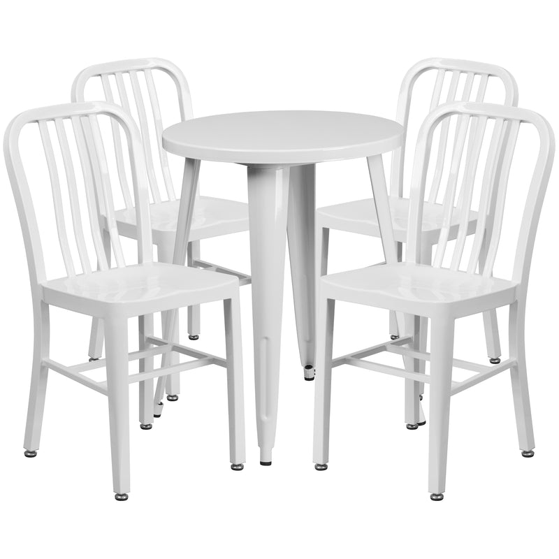 Commercial Grade 24" Round White Metal Indoor-Outdoor Table Set with 4 Vertical Slat Back Chairs