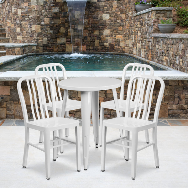 Commercial Grade 24" Round White Metal Indoor-Outdoor Table Set with 4 Vertical Slat Back Chairs