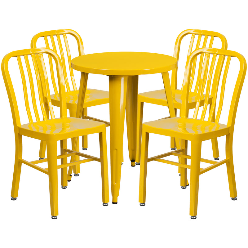 Commercial Grade 24" Round Yellow Metal Indoor-Outdoor Table Set with 4 Vertical Slat Back Chairs