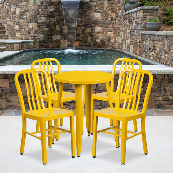 Commercial Grade 24" Round Yellow Metal Indoor-Outdoor Table Set with 4 Vertical Slat Back Chairs