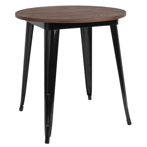 30" Round Black Metal Indoor Table with Walnut Rustic Wood Top