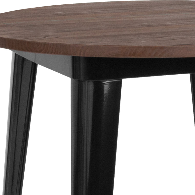 30" Round Black Metal Indoor Table with Walnut Rustic Wood Top