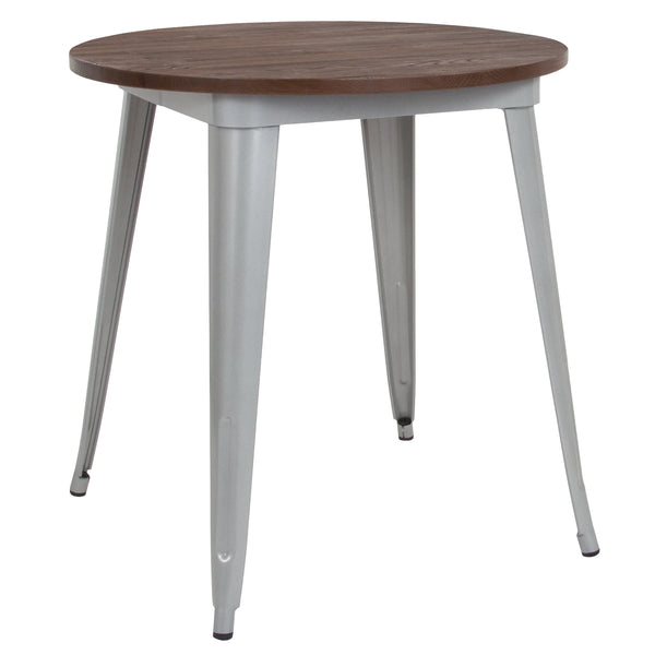 30" Round Silver Metal Indoor Table with Walnut Rustic Wood Top