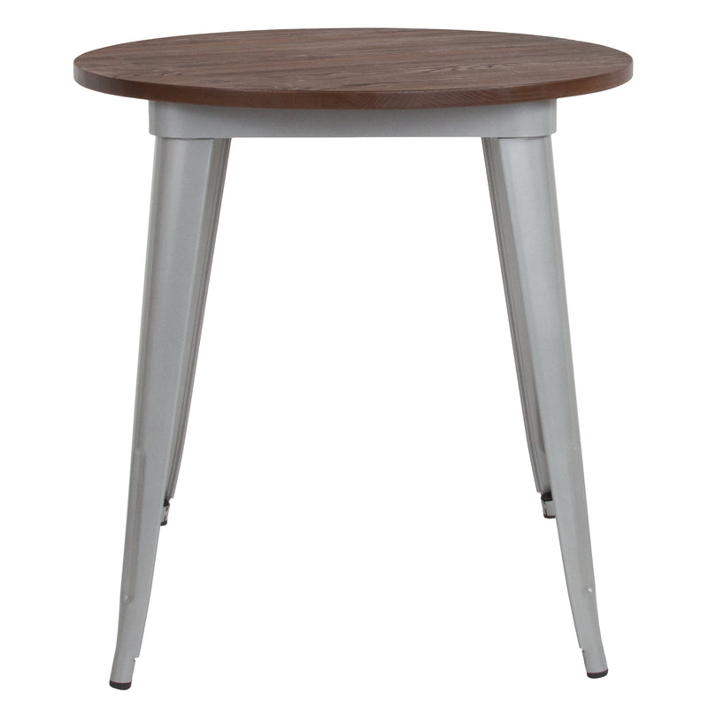 30" Round Silver Metal Indoor Table with Walnut Rustic Wood Top