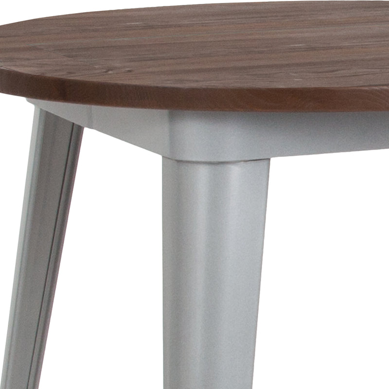 30" Round Silver Metal Indoor Table with Walnut Rustic Wood Top