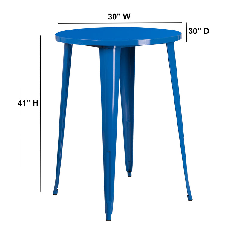 Commercial Grade 30" Round Blue Metal Indoor-Outdoor Bar Height Table