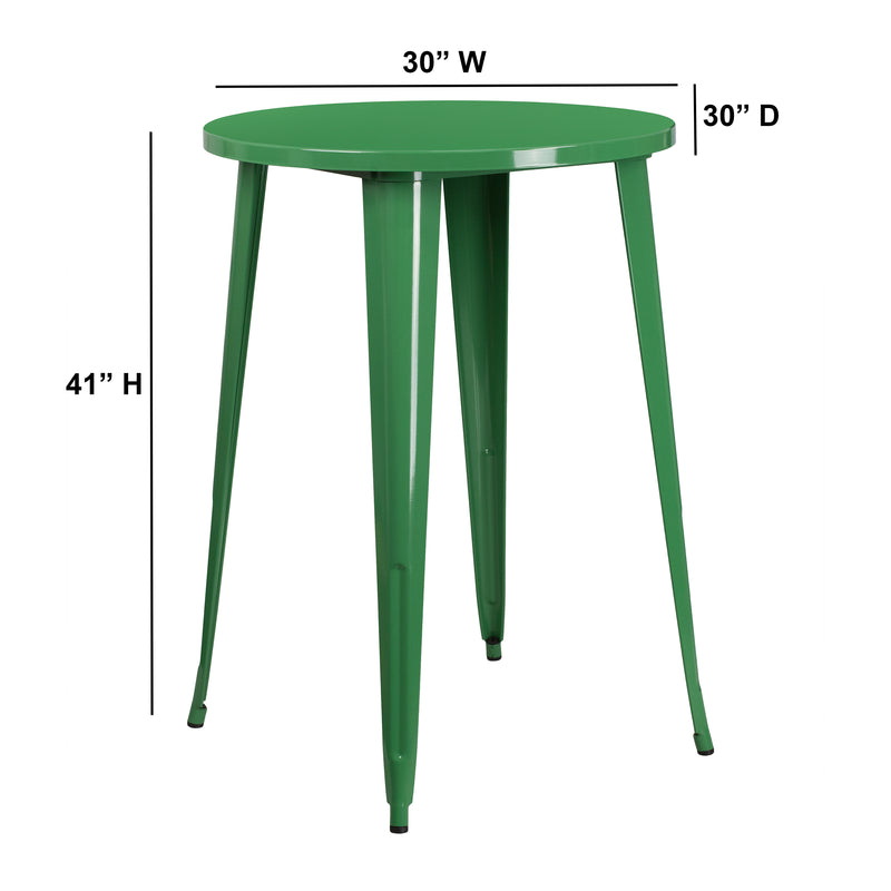 Commercial Grade 30" Round Green Metal Indoor-Outdoor Bar Height Table