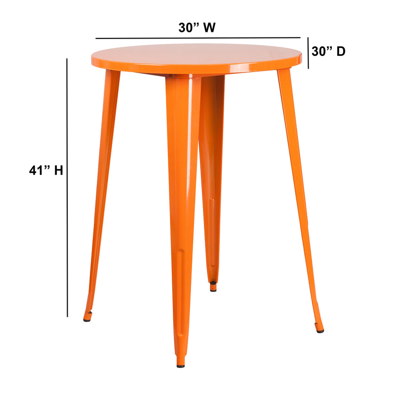 Commercial Grade 30" Round Orange Metal Indoor-Outdoor Bar Height Table