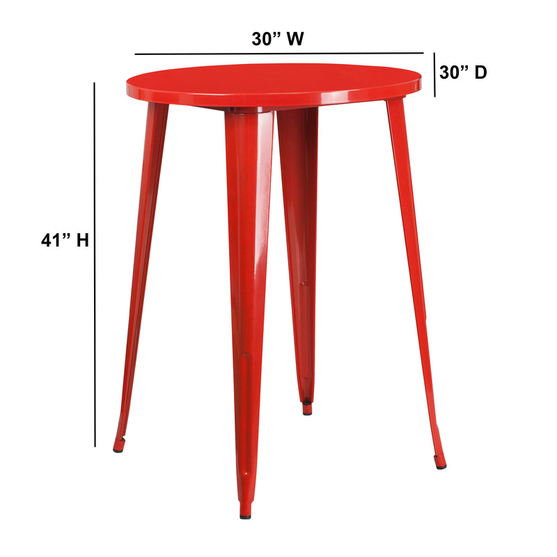 Commercial Grade 30" Round Red Metal Indoor-Outdoor Bar Height Table