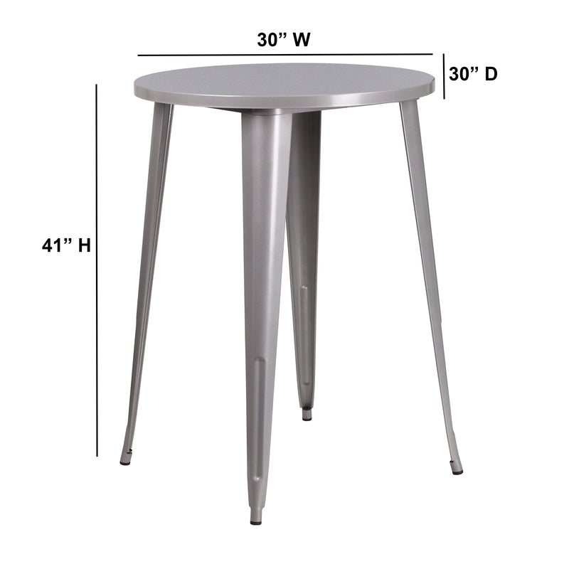 Commercial Grade 30" Round Silver Metal Indoor-Outdoor Bar Height Table