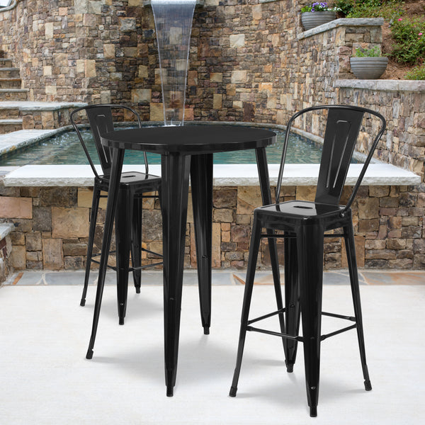 Commercial Grade 30" Round Black Metal Indoor-Outdoor Bar Table Set with 2 Cafe Stools