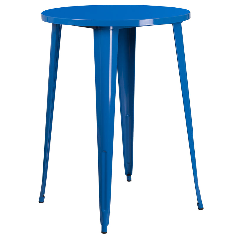 Commercial Grade 30" Round Blue Metal Indoor-Outdoor Bar Table Set with 2 Cafe Stools