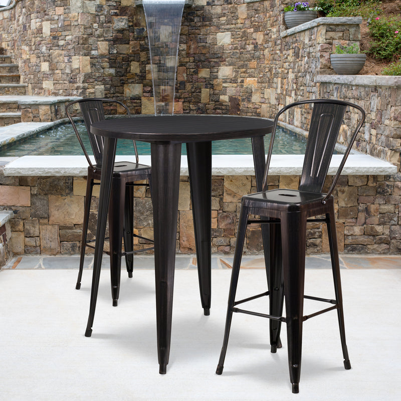 Commercial Grade 30" Round Black-Antique Gold Metal Indoor-Outdoor Bar Table Set with 2 Cafe Stools