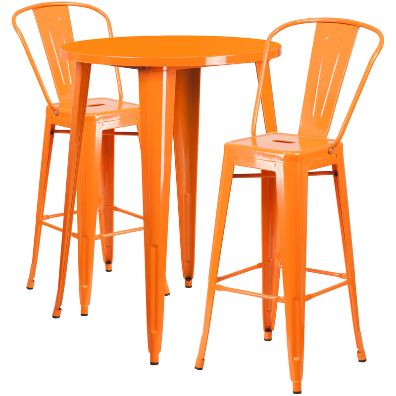 Commercial Grade 30" Round Orange Metal Indoor-Outdoor Bar Table Set with 2 Cafe Stools