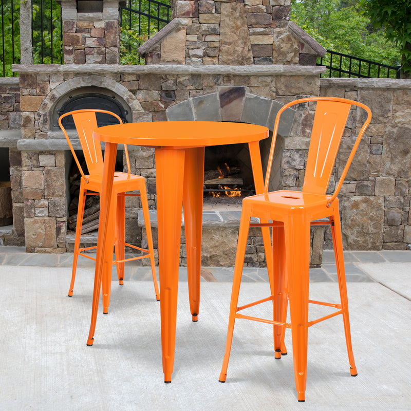 Commercial Grade 30" Round Orange Metal Indoor-Outdoor Bar Table Set with 2 Cafe Stools