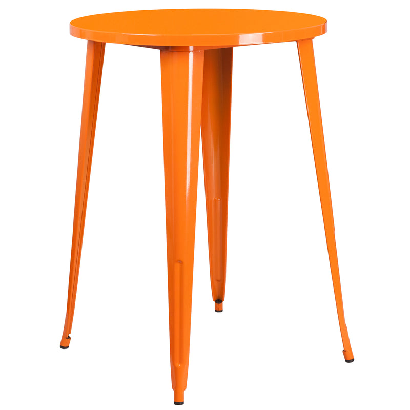 Commercial Grade 30" Round Orange Metal Indoor-Outdoor Bar Table Set with 2 Cafe Stools