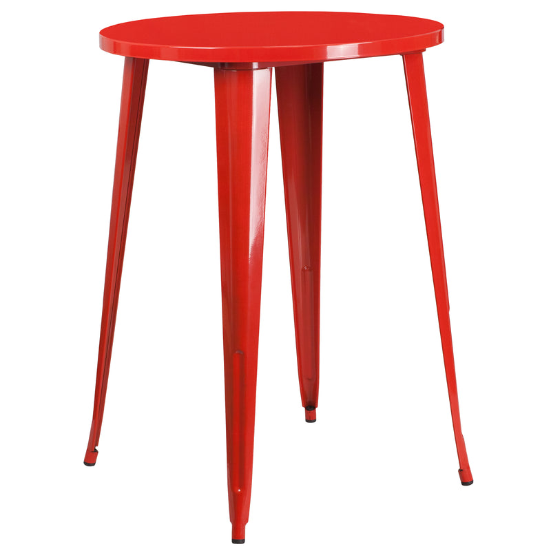 Commercial Grade 30" Round Red Metal Indoor-Outdoor Bar Table Set with 2 Cafe Stools