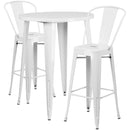 Commercial Grade 30" Round White Metal Indoor-Outdoor Bar Table Set with 2 Cafe Stools