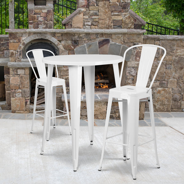 Commercial Grade 30" Round White Metal Indoor-Outdoor Bar Table Set with 2 Cafe Stools