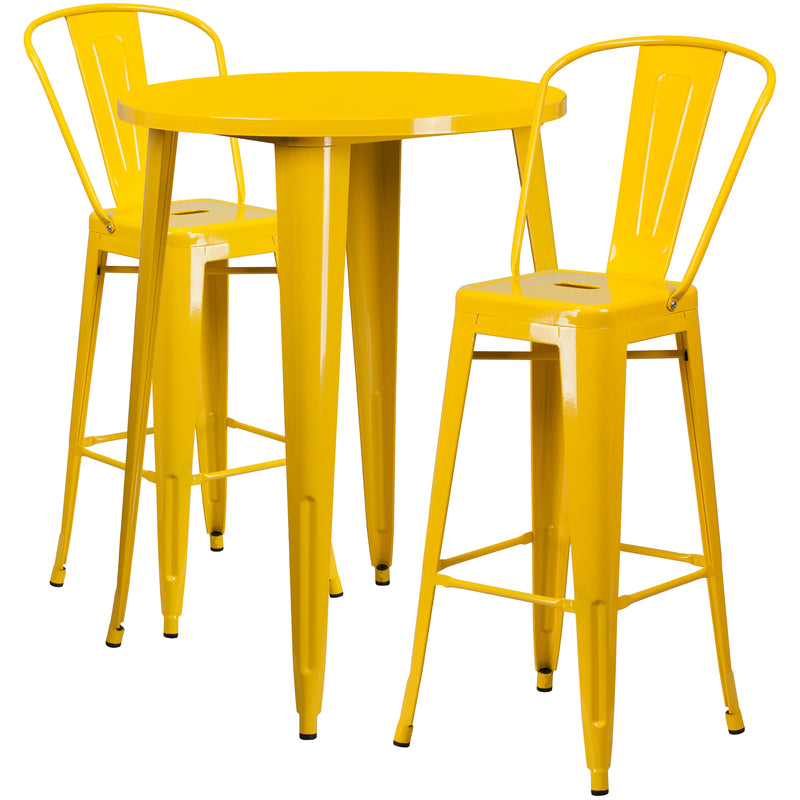 Commercial Grade 30" Round Yellow Metal Indoor-Outdoor Bar Table Set with 2 Cafe Stools