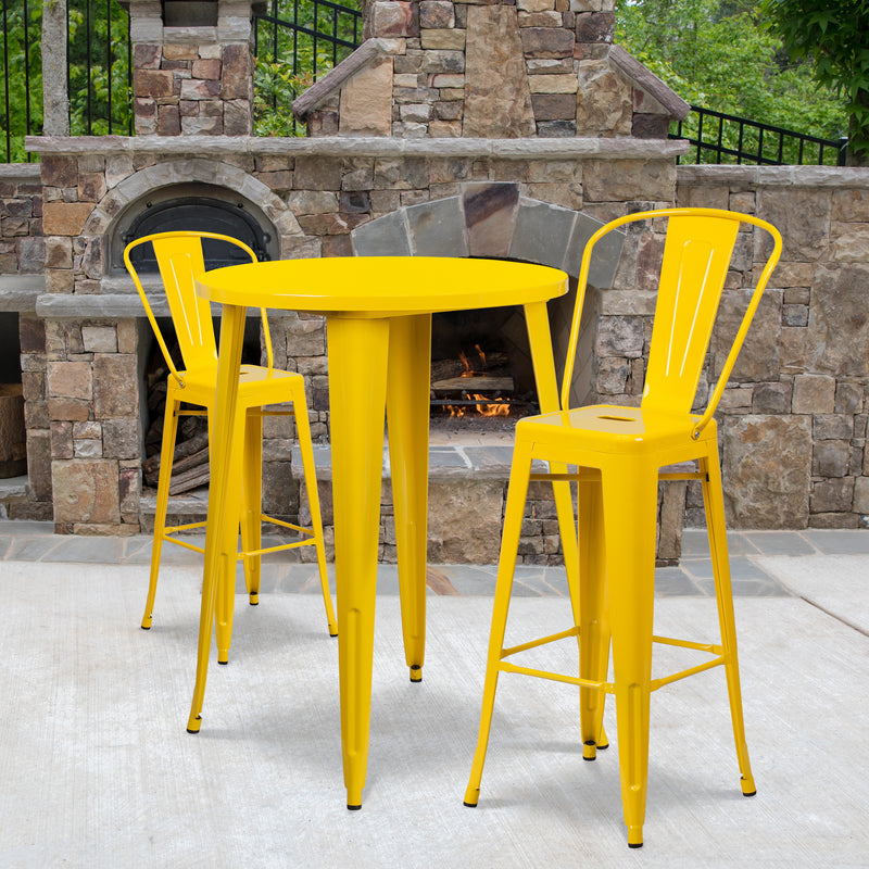 Commercial Grade 30" Round Yellow Metal Indoor-Outdoor Bar Table Set with 2 Cafe Stools