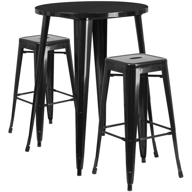 Commercial Grade 30" Round Black Metal Indoor-Outdoor Bar Table Set with 2 Square Seat Backless Stools