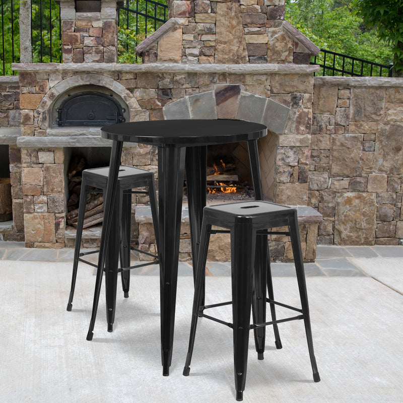 Commercial Grade 30" Round Black Metal Indoor-Outdoor Bar Table Set with 2 Square Seat Backless Stools