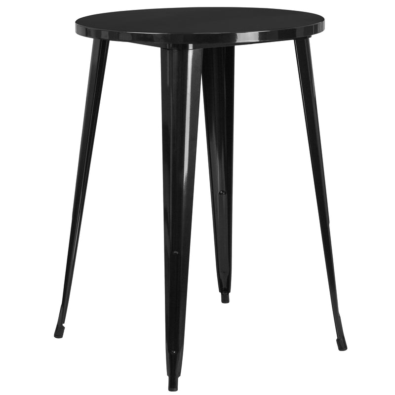 Commercial Grade 30" Round Black Metal Indoor-Outdoor Bar Table Set with 2 Square Seat Backless Stools