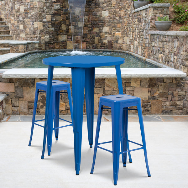 Commercial Grade 30" Round Blue Metal Indoor-Outdoor Bar Table Set with 2 Square Seat Backless Stools