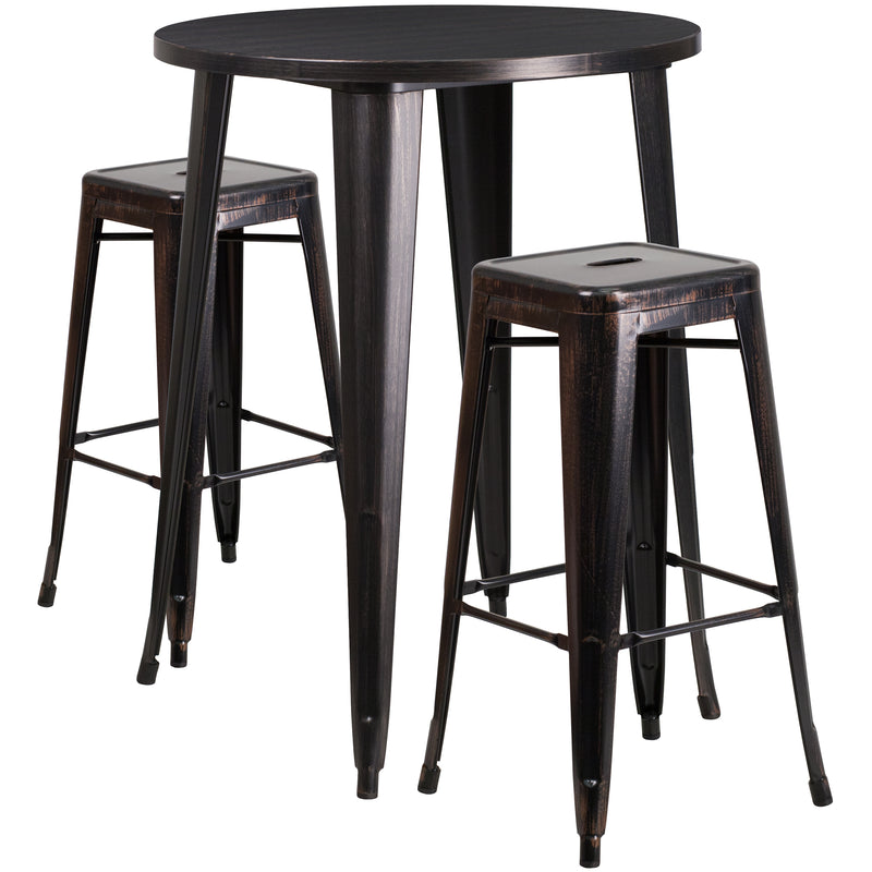 Commercial Grade 30" Round Black-Antique Gold Metal Indoor-Outdoor Bar Table Set with 2 Square Seat Backless Stools