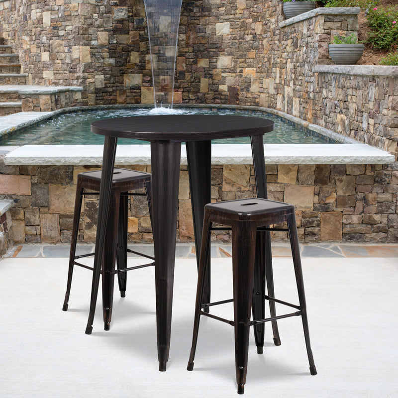 Commercial Grade 30" Round Black-Antique Gold Metal Indoor-Outdoor Bar Table Set with 2 Square Seat Backless Stools