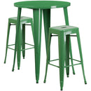 Commercial Grade 30" Round Green Metal Indoor-Outdoor Bar Table Set with 2 Square Seat Backless Stools