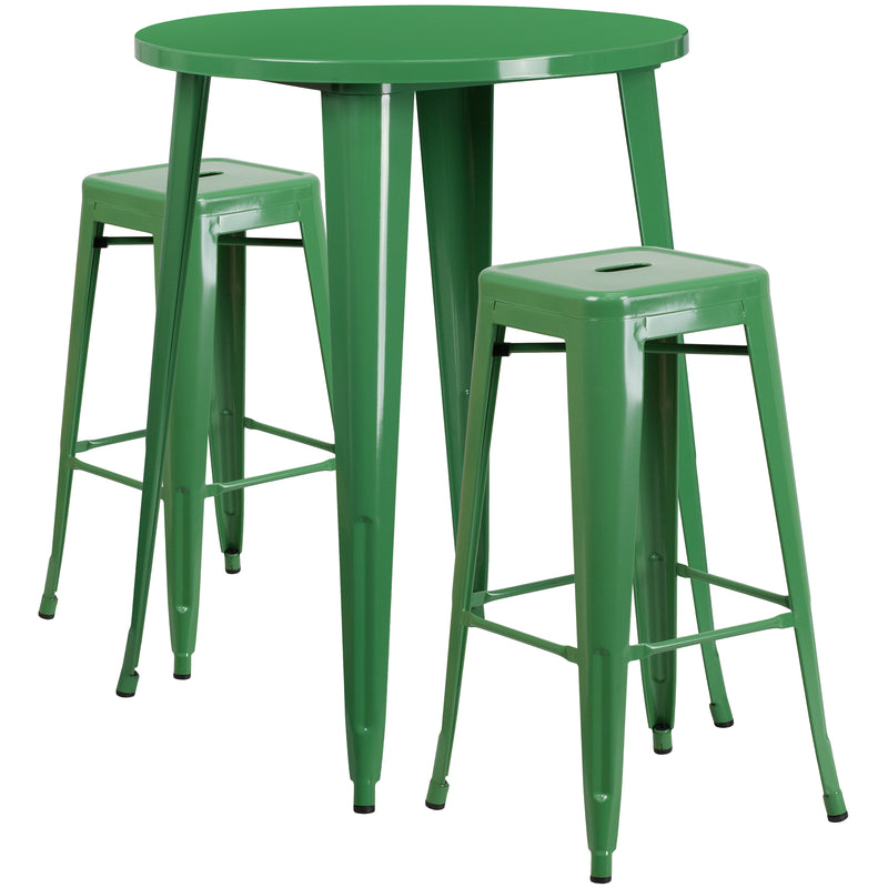 Commercial Grade 30" Round Green Metal Indoor-Outdoor Bar Table Set with 2 Square Seat Backless Stools