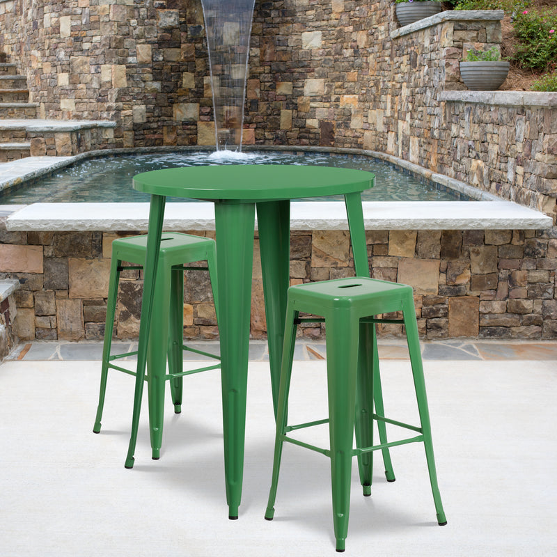 Commercial Grade 30" Round Green Metal Indoor-Outdoor Bar Table Set with 2 Square Seat Backless Stools