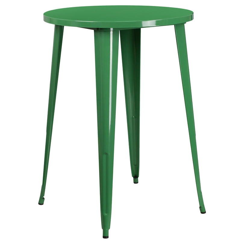 Commercial Grade 30" Round Green Metal Indoor-Outdoor Bar Table Set with 2 Square Seat Backless Stools