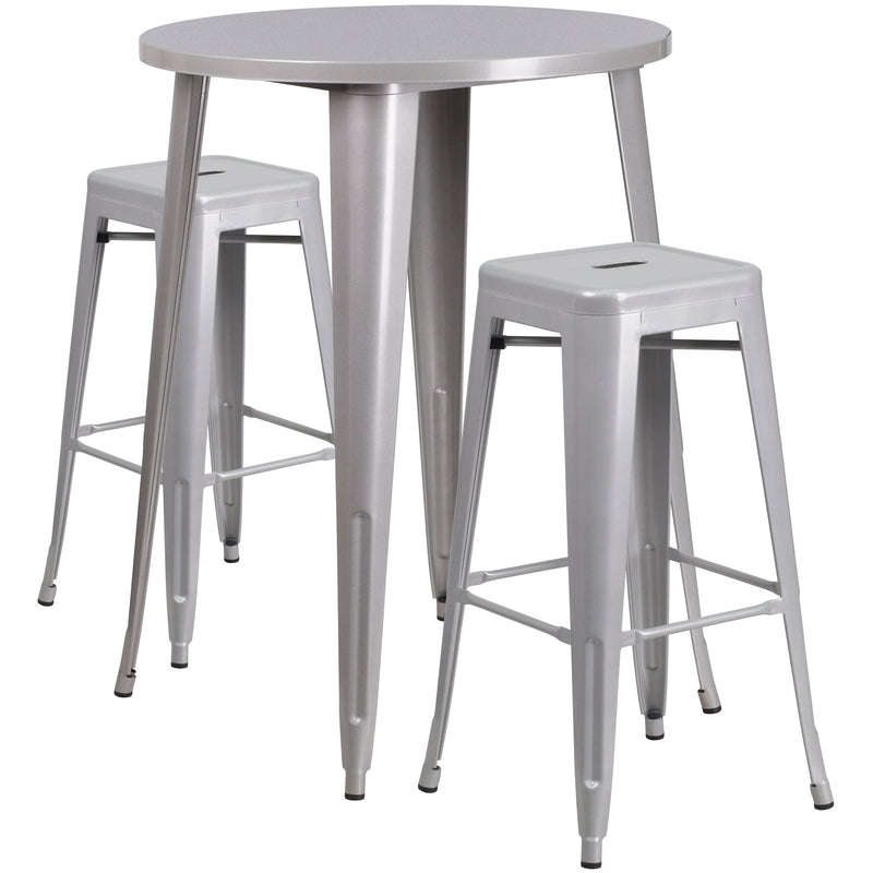 Commercial Grade 30" Round Silver Metal Indoor-Outdoor Bar Table Set with 2 Square Seat Backless Stools