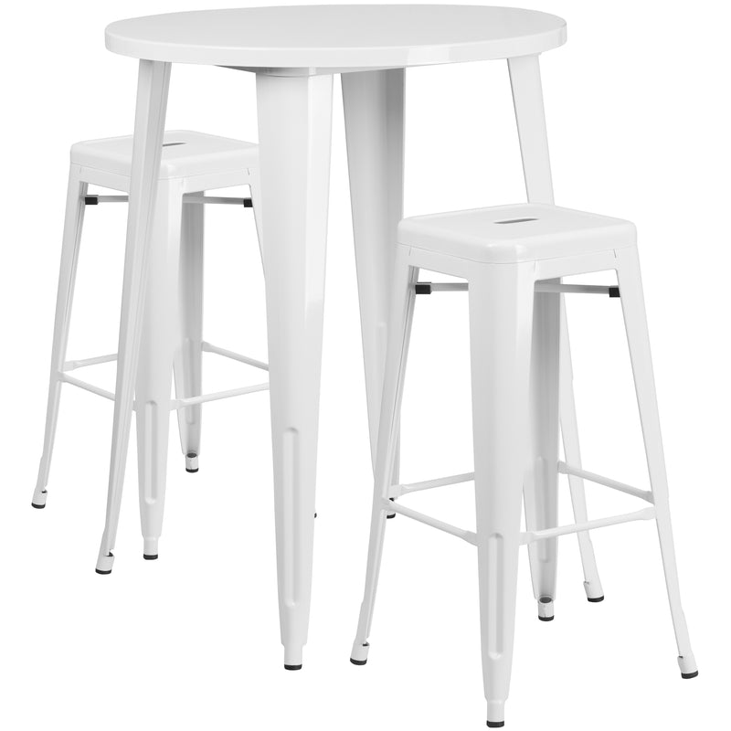 Commercial Grade 30" Round White Metal Indoor-Outdoor Bar Table Set with 2 Square Seat Backless Stools