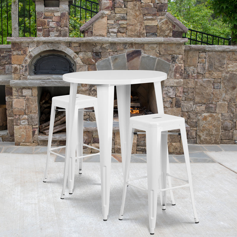 Commercial Grade 30" Round White Metal Indoor-Outdoor Bar Table Set with 2 Square Seat Backless Stools