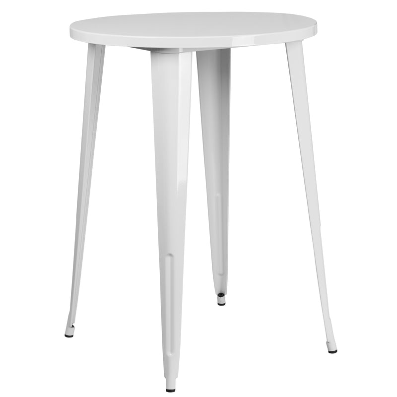 Commercial Grade 30" Round White Metal Indoor-Outdoor Bar Table Set with 2 Square Seat Backless Stools